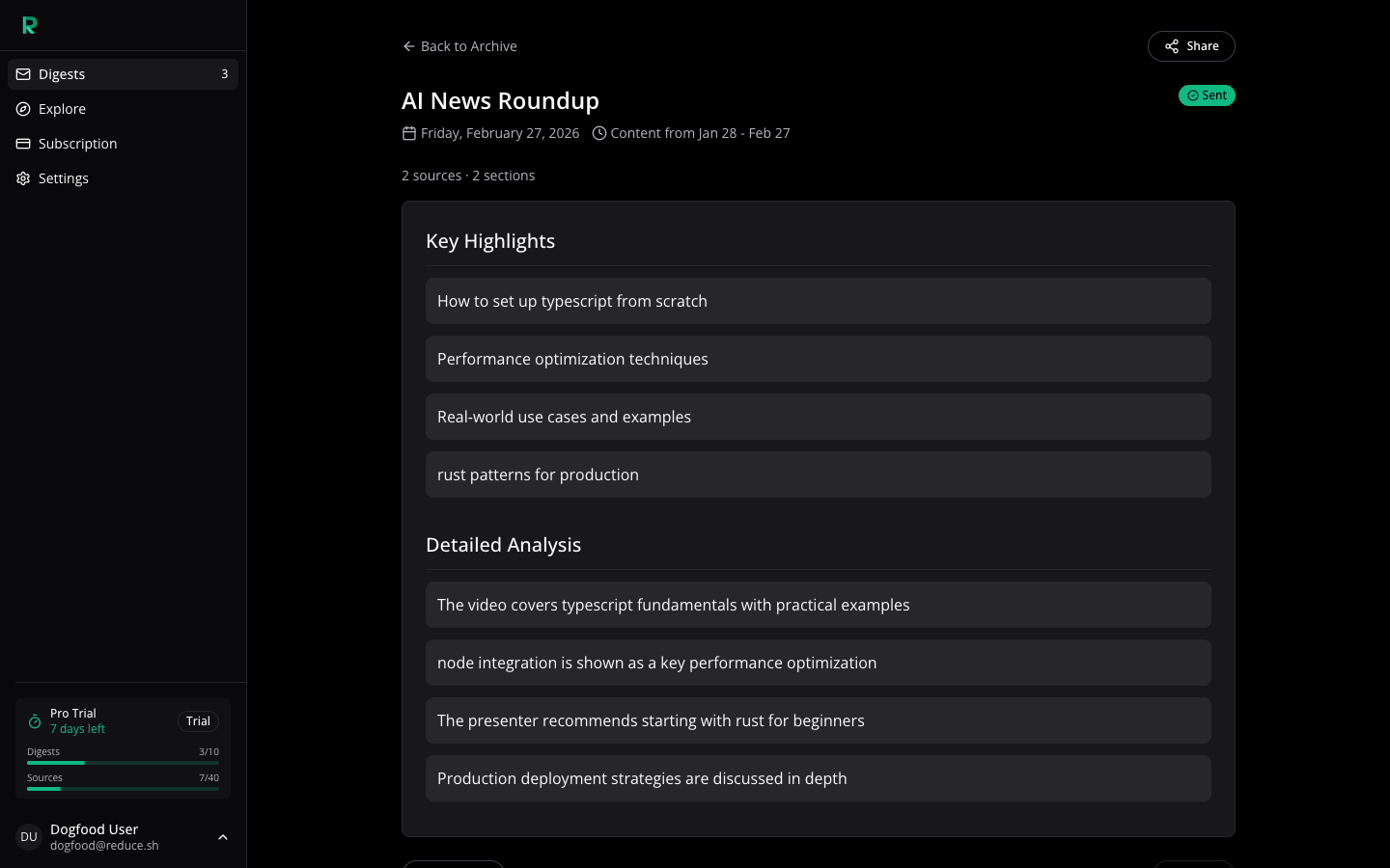 A real AI-generated digest from Reduce showing Key Highlights and Detailed Analysis sections